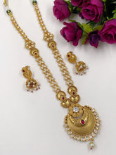 GGold Plated Studded Kundan Long Golden Necklace Set - Artificial Antique Gold Jewelry
